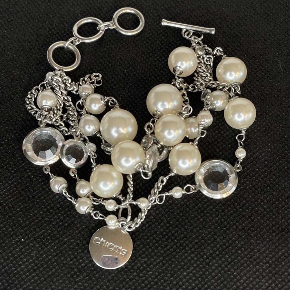 CHICO'S Pearl Rhinestone Crystal Bracelet Bezel Multi Strand Chunky Cha Cha